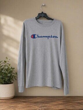 Champion Long Sleeve T-Shirt Gray Script Logo Adult Large 21x27 Athletic Tee